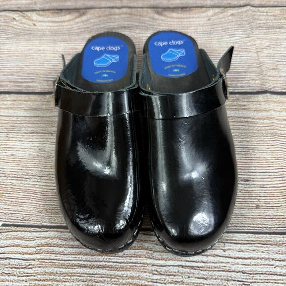 Torpatoffeln Black Patent Leather Cape Clogs Mules Size 36 (5.5/6) Wooden Heel - Picture 4 of 16